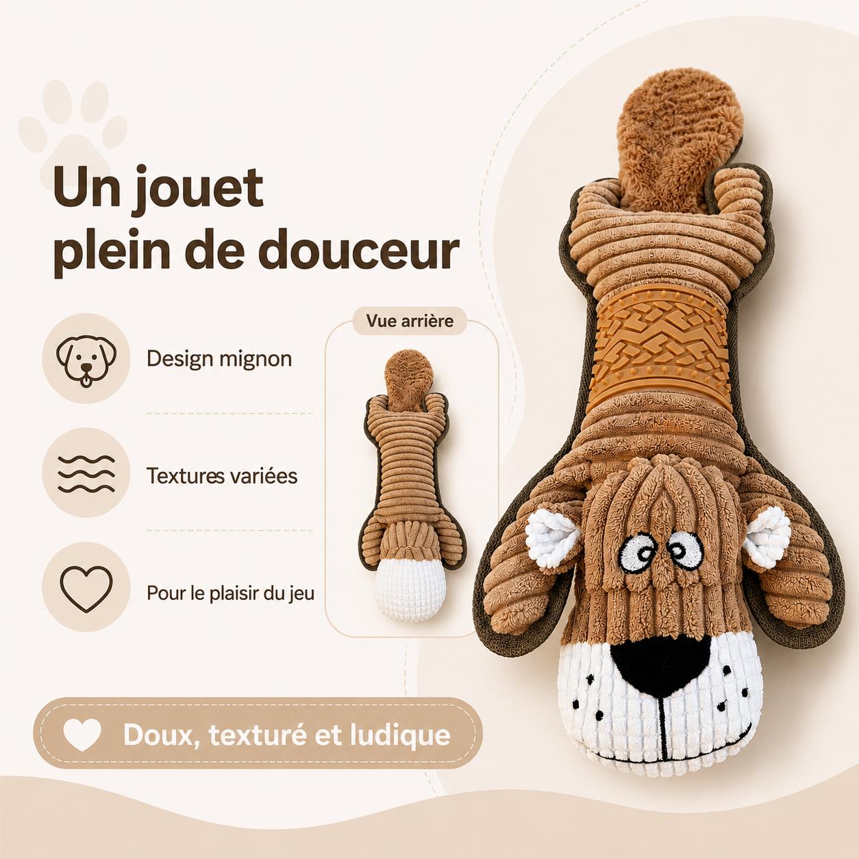 Jouet pour chien en peluche sonore avec papier bruissant et zone texturée – 52cm