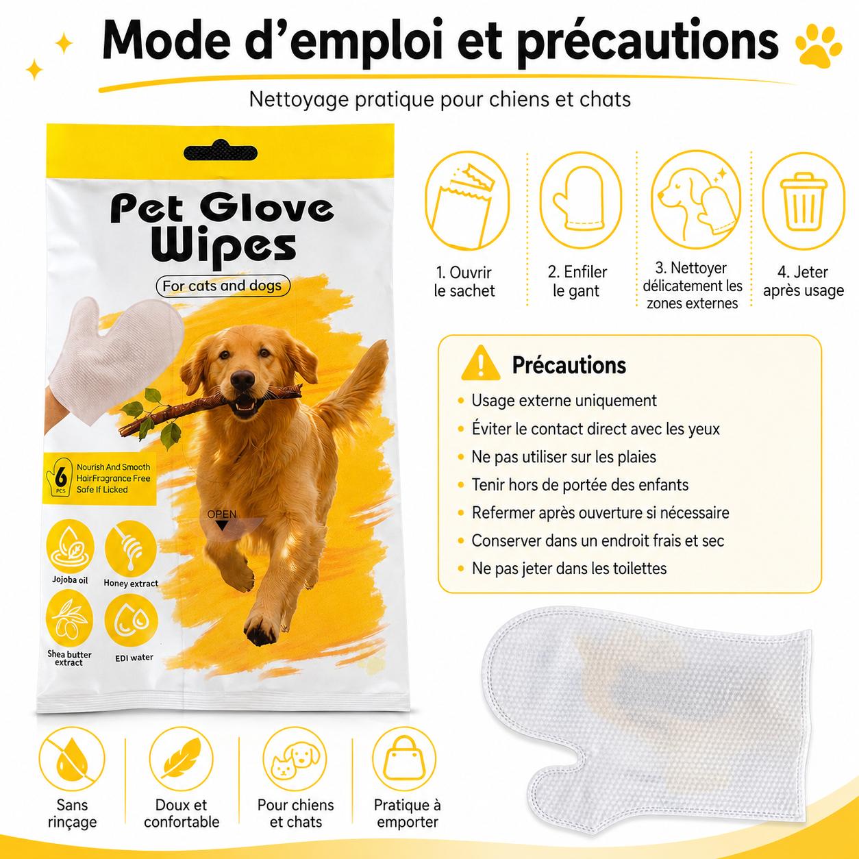 Lot de 3 lingettes gants pour chiens et chats – 18 pièces Pet Glove Wipes