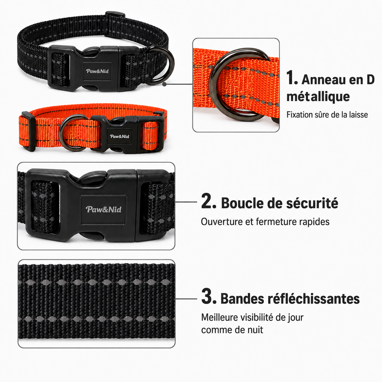 Collier réfléchissant réglable pour chien – Boucle de sécurité et anneau en D