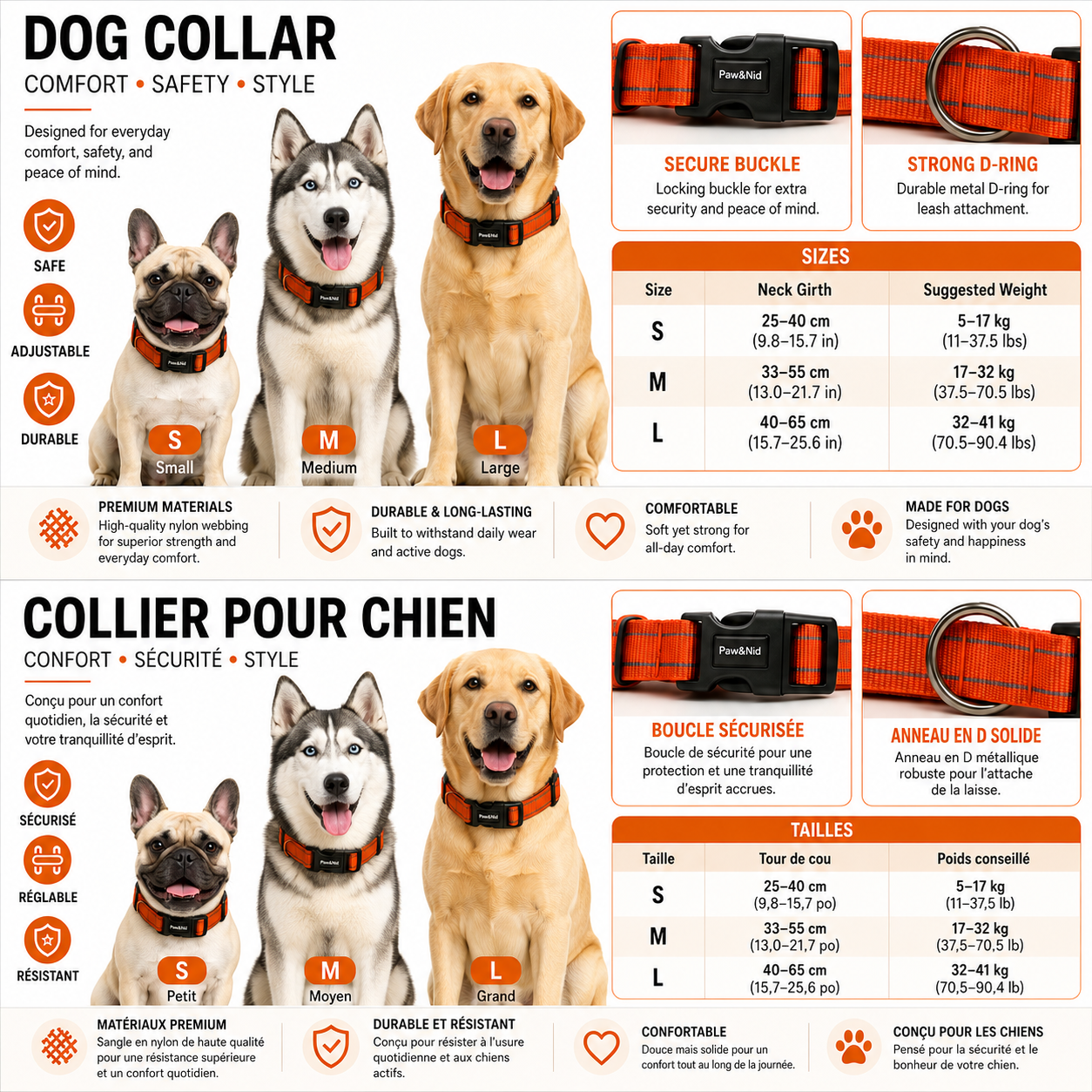 Collier réfléchissant réglable pour chien – Boucle de sécurité et anneau en D