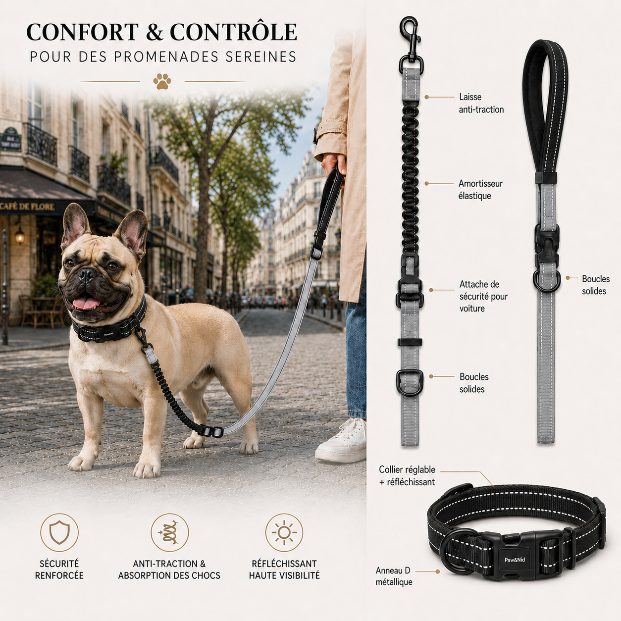 Ensemble collier et laisse anti-traction pour chien – Réfléchissant