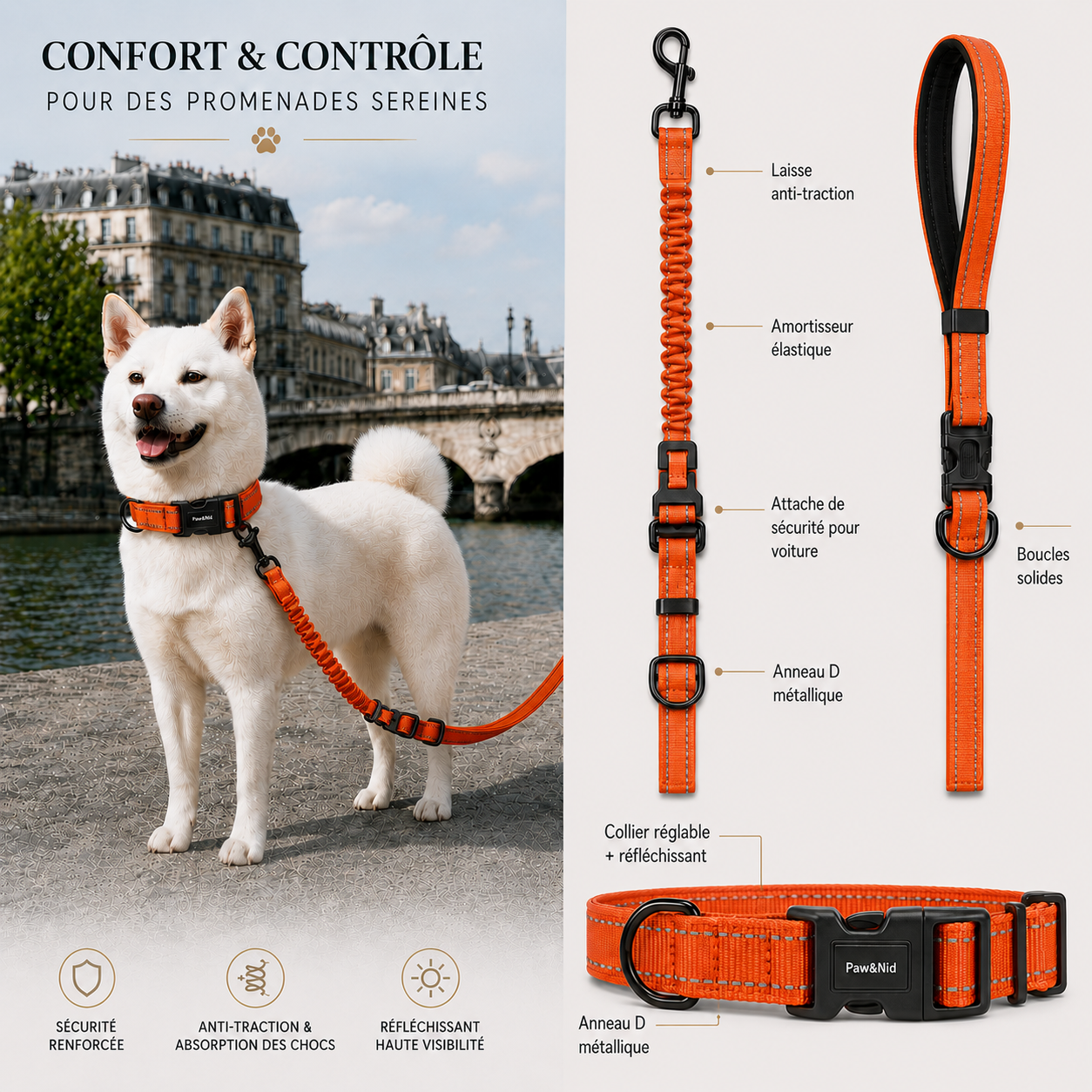 Ensemble collier et laisse anti-traction pour chien – Réfléchissant