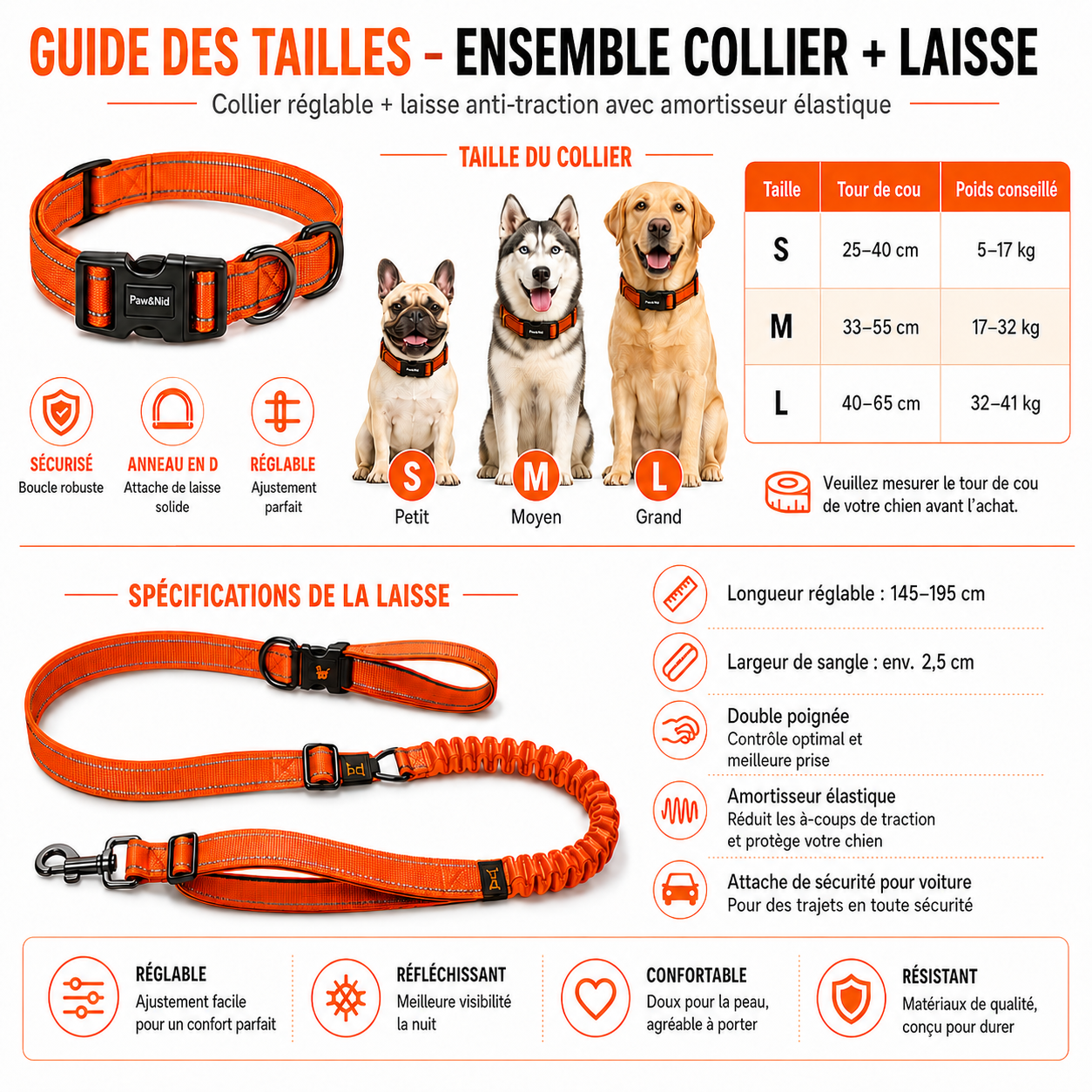 Ensemble collier et laisse anti-traction pour chien – Réfléchissant