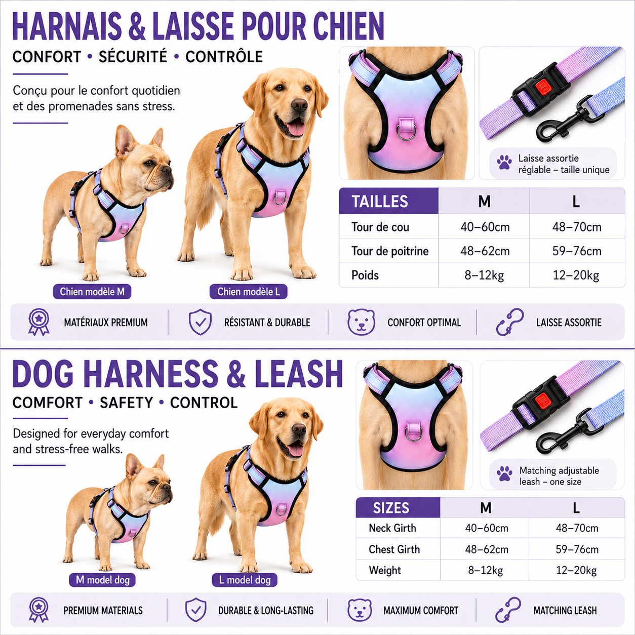 Ensemble harnais et laisse réglable pour chien
