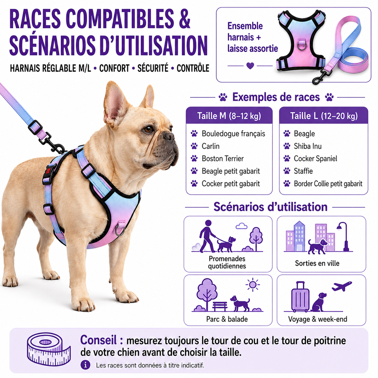 Ensemble harnais et laisse réglable pour chien