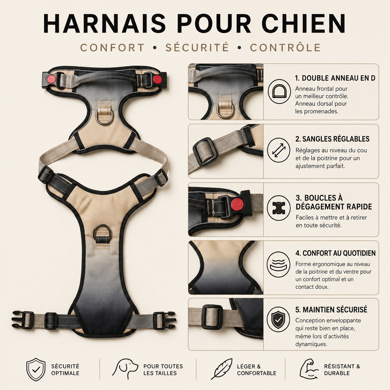 Ensemble harnais et laisse réglable pour chien
