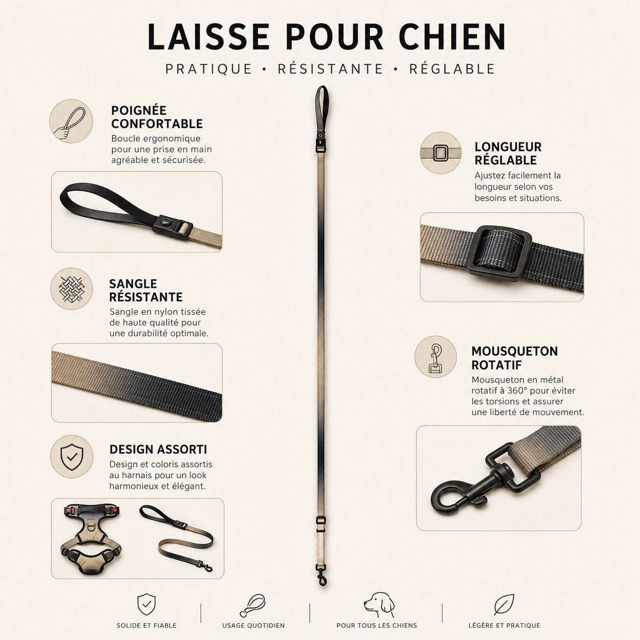 Ensemble harnais et laisse réglable pour chien
