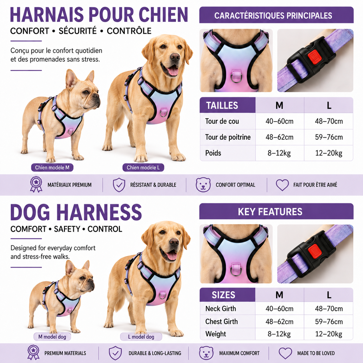 Harnais réglable et réfléchissant pour chien – Confort & maintien