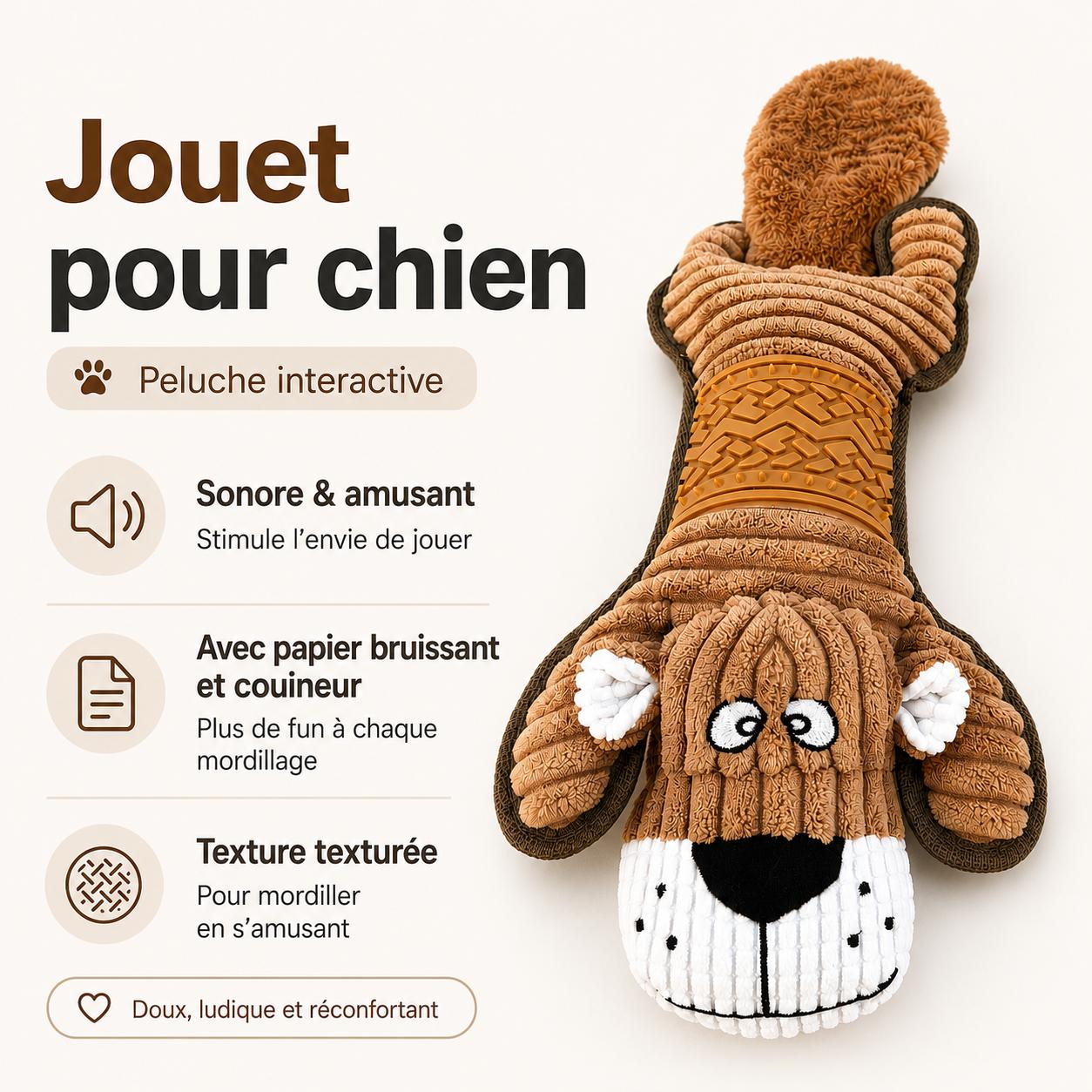Jouet pour chien en peluche sonore avec papier bruissant et zone texturée – 52cm