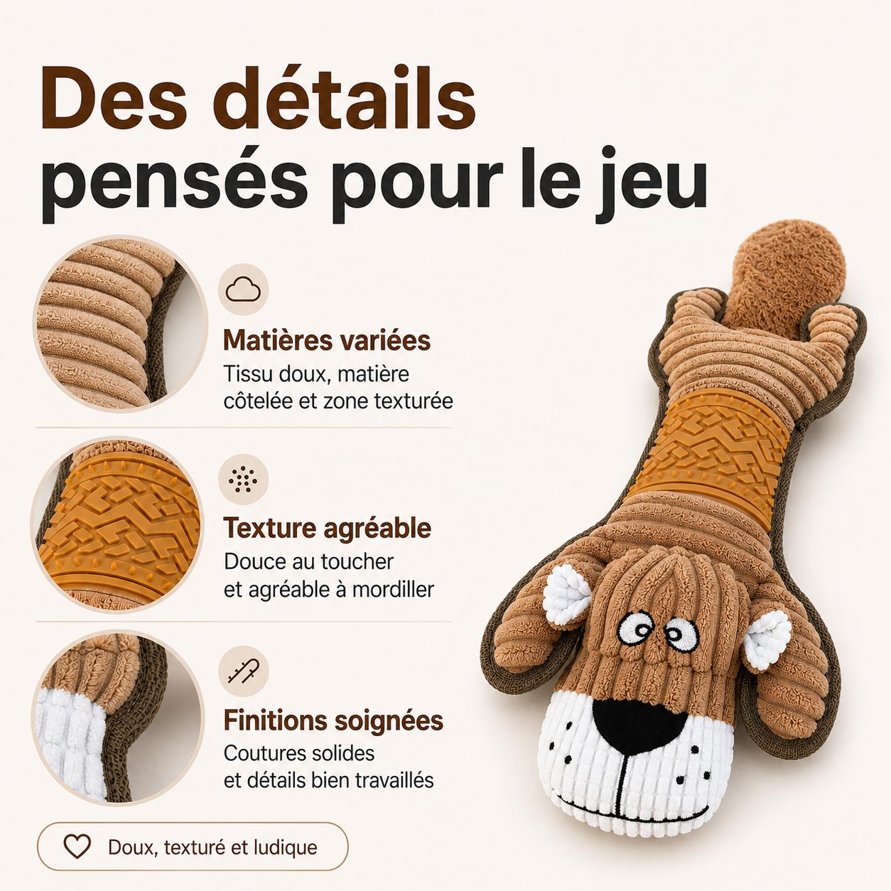 Jouet pour chien en peluche sonore avec papier bruissant et zone texturée – 52cm