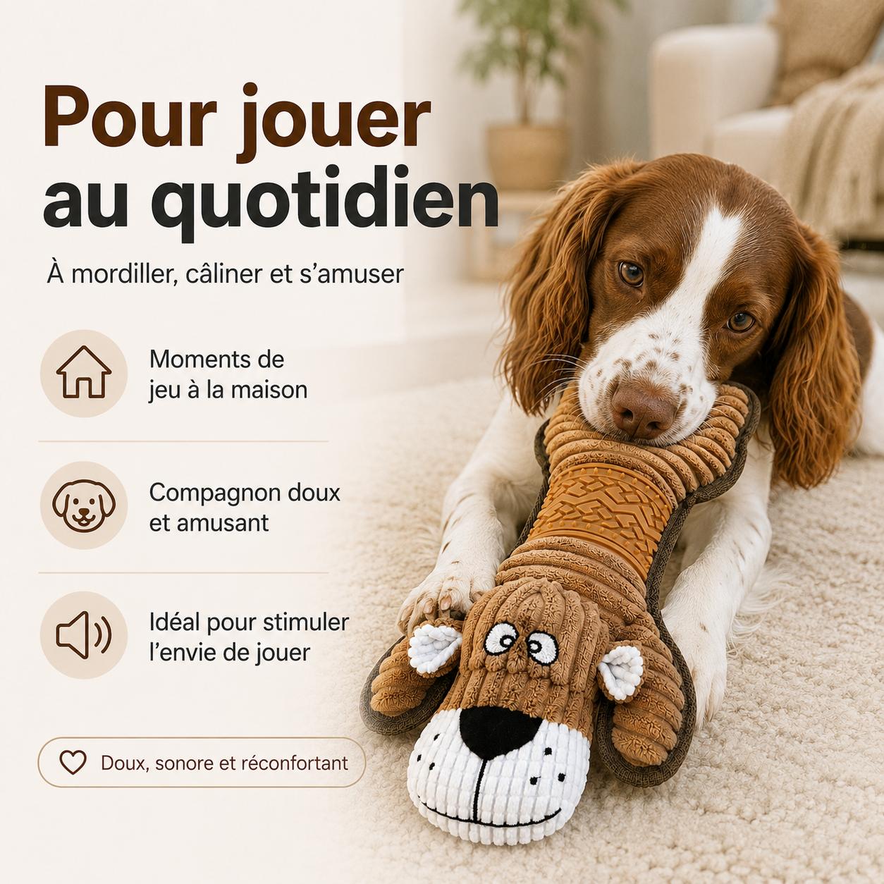 Jouet pour chien en peluche sonore avec papier bruissant et zone texturée – 52cm
