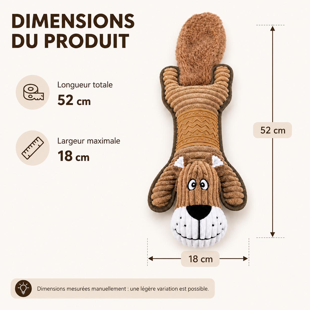 Jouet pour chien en peluche sonore avec papier bruissant et zone texturée – 52cm