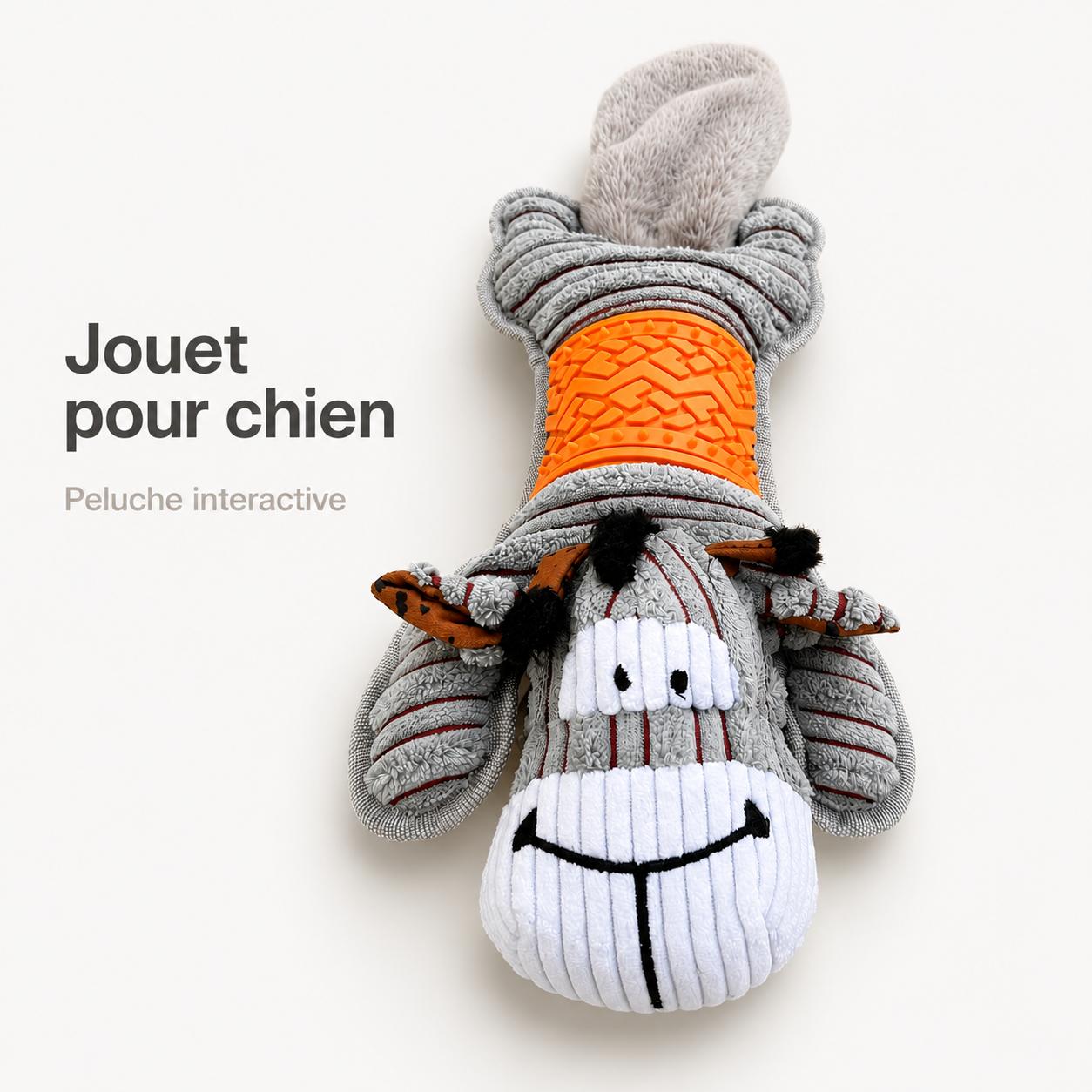 Jouet pour chien en peluche sonore motif vache avec papier bruissant et zone texturée – 52 × 18 cm