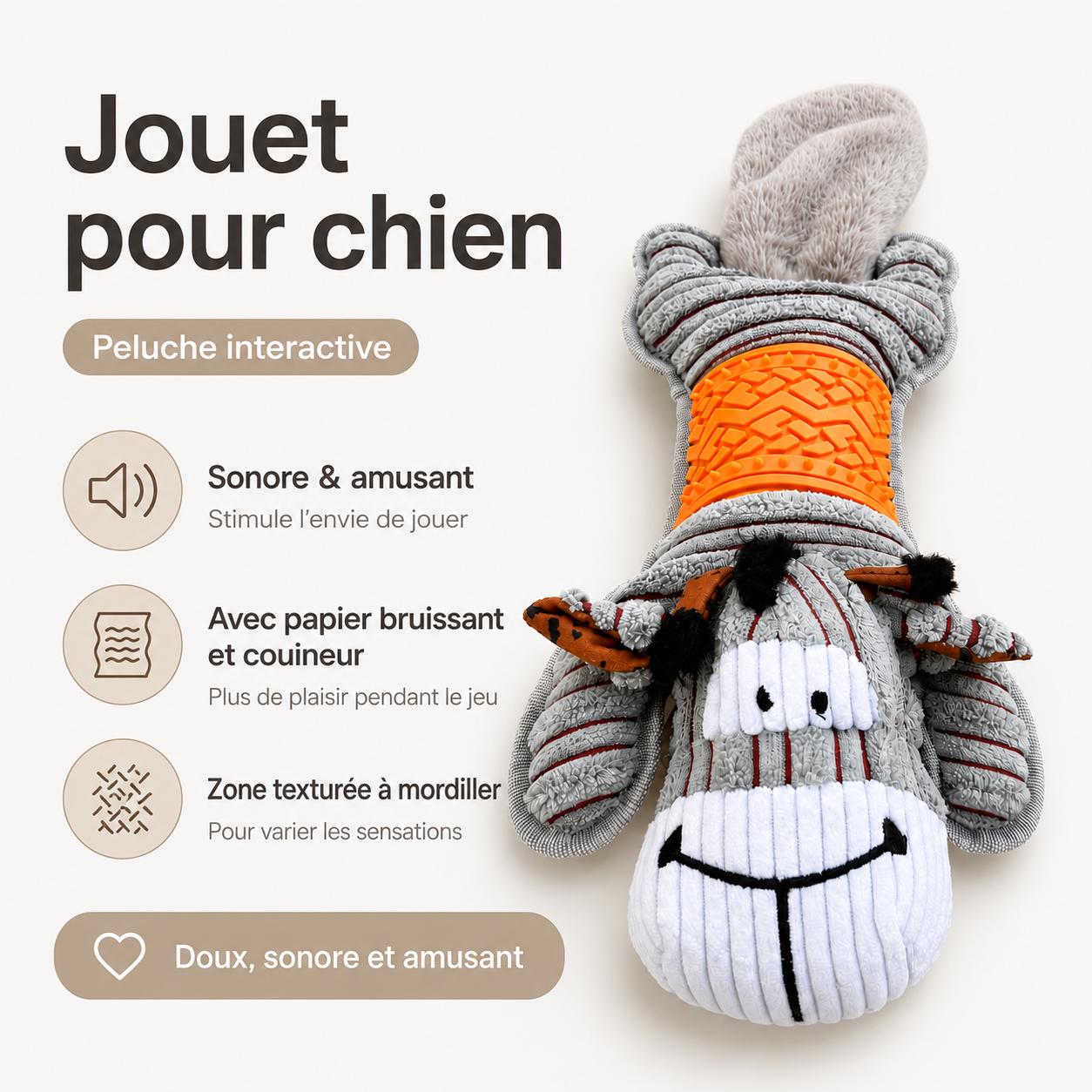 Jouet pour chien en peluche sonore motif vache avec papier bruissant et zone texturée – 52 × 18 cm