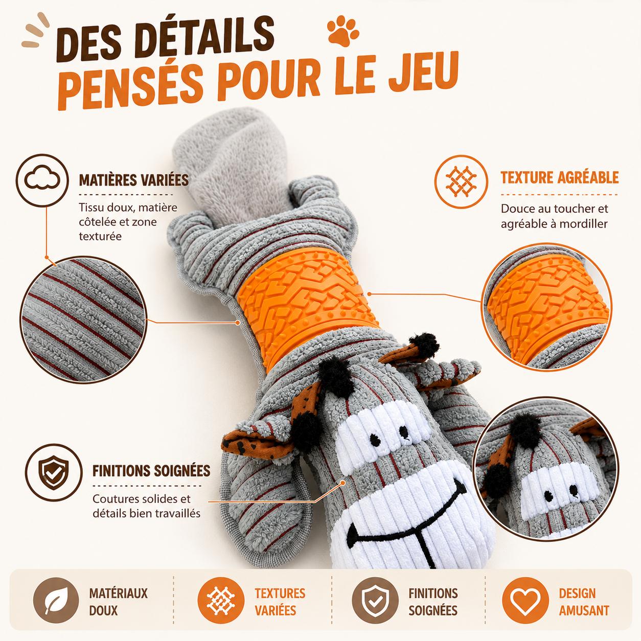 Jouet pour chien en peluche sonore motif vache avec papier bruissant et zone texturée – 52 × 18 cm
