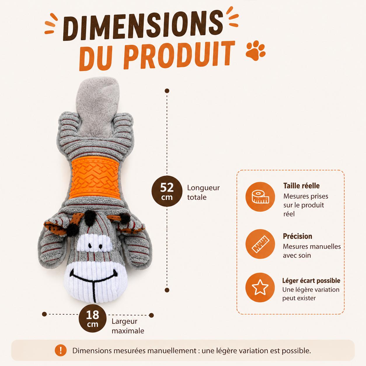 Jouet pour chien en peluche sonore motif vache avec papier bruissant et zone texturée – 52 × 18 cm