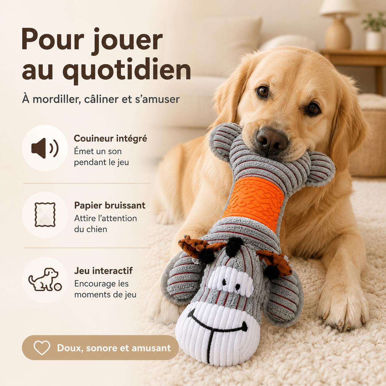 Jouet pour chien en peluche sonore motif vache avec papier bruissant et zone texturée – 52 × 18 cm