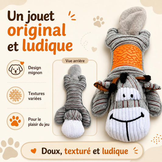 Jouet pour chien en peluche sonore motif vache avec papier bruissant et zone texturée – 52 × 18 cm